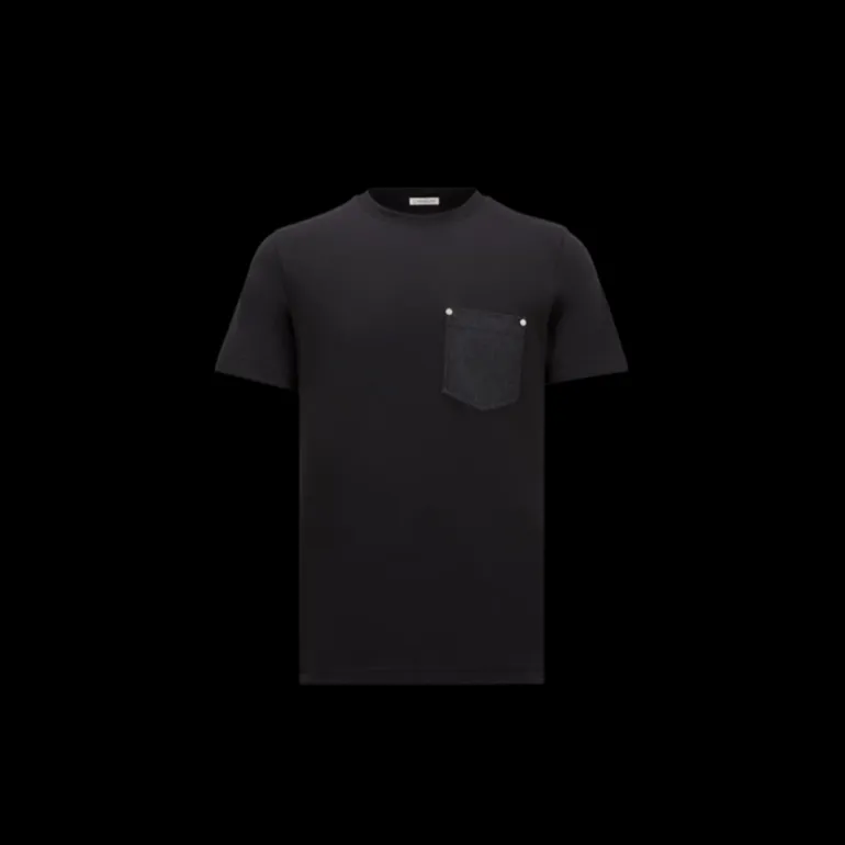 T-Shirt MONCLER col rond coton bleu marine poche denim