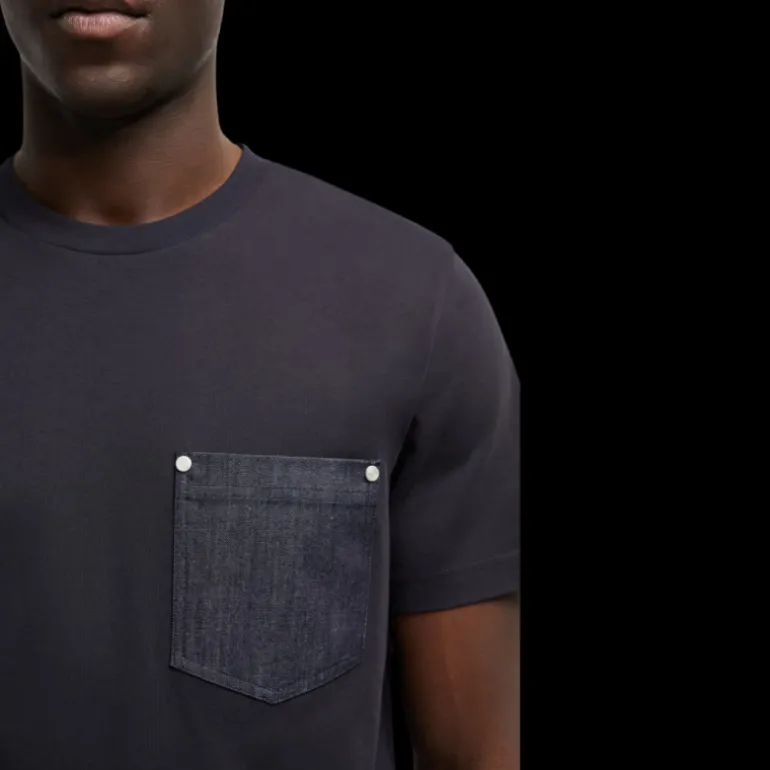 T-Shirt MONCLER col rond coton bleu marine poche denim