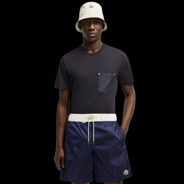 T-Shirt MONCLER col rond coton bleu marine poche denim