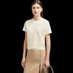 T-shirt MONCLER col rond coton écru motif floral macramé avant