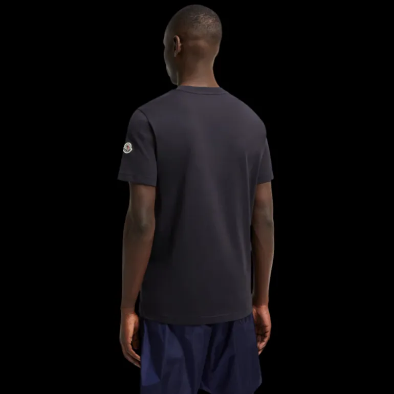 T-Shirt MONCLER col rond coton bleu marine poche denim