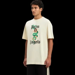 T-shirt PALM ANGELS col rond coton écru imprimé logo noir pin up vintage serpent