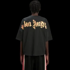 T-shirt PALM ANGELS coton noir logo palmier effet Flamme