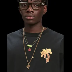 T-shirt PALM ANGELS coton noir logo palmier effet Flamme