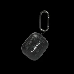 Étui Rigide BALENCIAGA EarPods Cash cuir veau grainé noir logo blanc