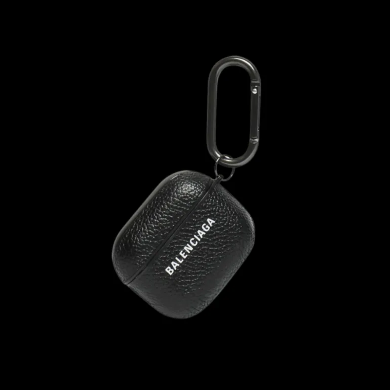 Étui Rigide BALENCIAGA EarPods Cash cuir veau grainé noir logo blanc