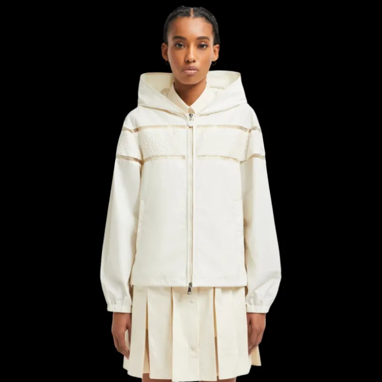 Veste à capuche MONCLER Clisson popeline coton mélangé écru broderie organza