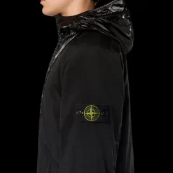 Veste à capuche STONE ISLAND nylon noir mat col pression brillant