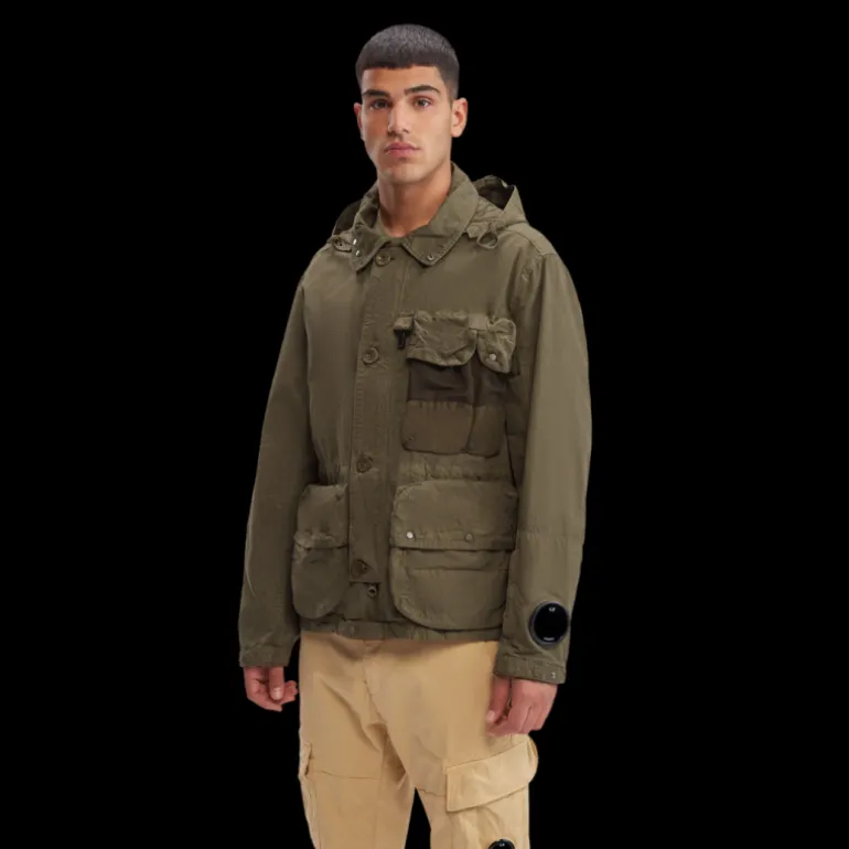 Veste a capuche CP COMPANY lunettes coton kaki multipoches grosse lentille manche