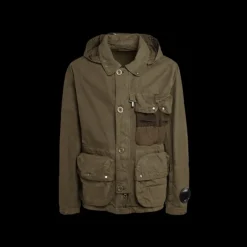 Veste a capuche CP COMPANY lunettes coton kaki multipoches grosse lentille manche
