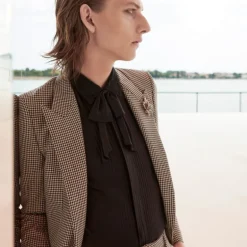 Veste Blazer SAINT LAURENT un bouton laine mohair vichy noir blanc col flèche