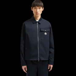 Veste chemise zippée MONCLER gabardine coton bleu marine poche poitrine