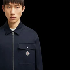 Veste chemise zippée MONCLER gabardine coton bleu marine poche poitrine