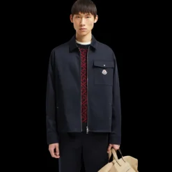 Veste chemise zippée MONCLER gabardine coton bleu marine poche poitrine