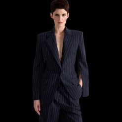 Veste costume BARBARA BUI laine bleu marine rayures tennis blanc cintrée dos