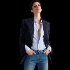 Veste costume BARBARA BUI laine bleu marine rayures tennis blanc cintrée dos