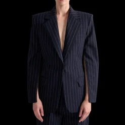 Veste costume BARBARA BUI laine bleu marine rayures tennis blanc cintrée dos