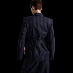 Veste costume BARBARA BUI laine bleu marine rayures tennis blanc cintrée dos