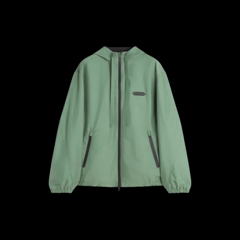 Veste coupe vent LANVIN à capuche nylon vert logo cuir noir