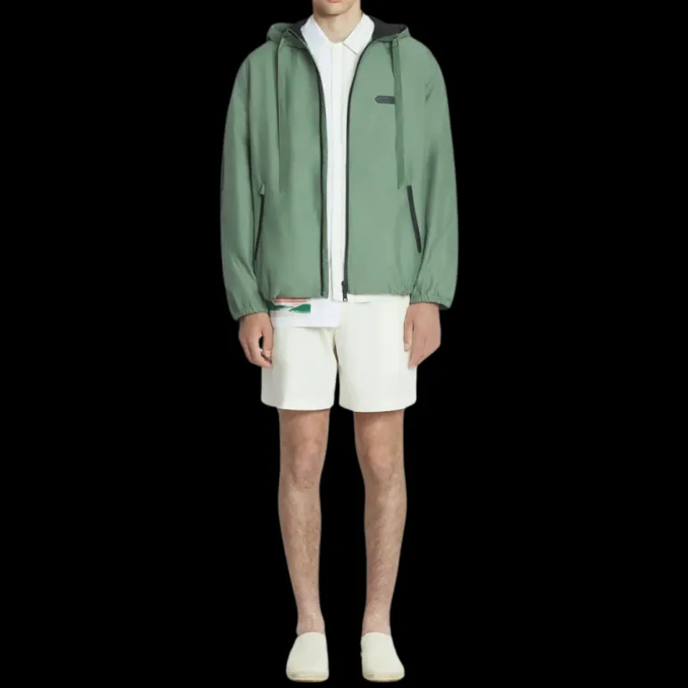 Veste coupe vent LANVIN à capuche nylon vert logo cuir noir