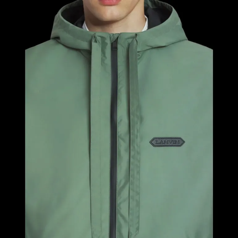 Veste coupe vent LANVIN à capuche nylon vert logo cuir noir