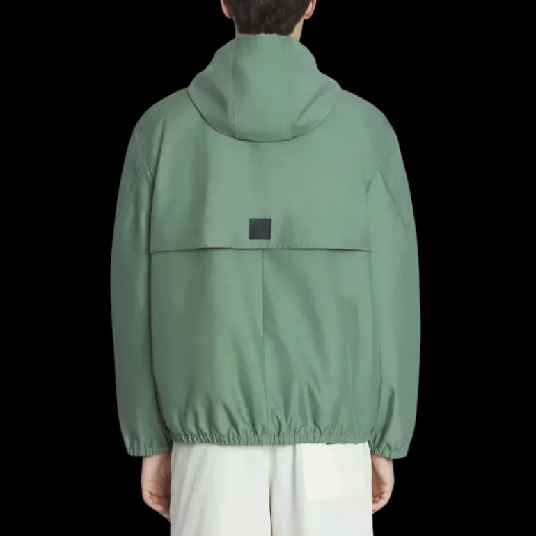 Veste coupe vent LANVIN à capuche nylon vert logo cuir noir