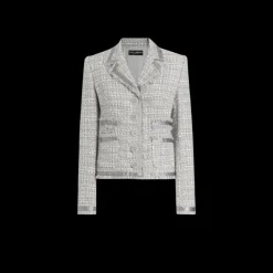 Veste courte DOLCE & GABBANA à simple boutonnage en lamé bouclé gris argent passepoil en satin