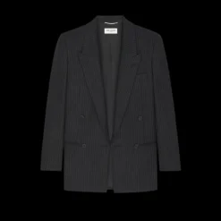 Veste croisée SAINT LAURENT double boutonnage laine noire fines rayures craie