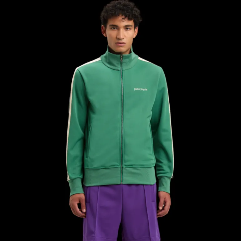 Veste de survêtement PALM ANGELS zippée col montant nylon vert logo blanc bande beige