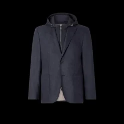 Veste droite 2 boutons CORNELIANI flanelle stretch laine cachemire bleu marine capuche