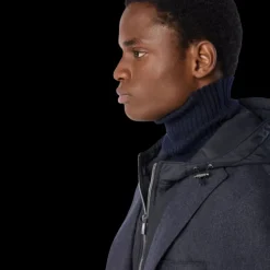 Veste droite 2 boutons CORNELIANI flanelle stretch laine cachemire bleu marine capuche