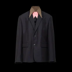 Veste droite en laine mohair bleu marine col marron