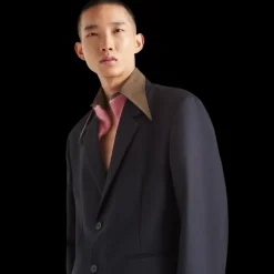 Veste droite en laine mohair bleu marine col marron