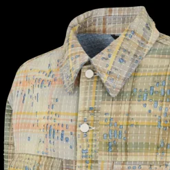 Veste en jean FENDI boutons tissu madras coton patchwork carreaux beige