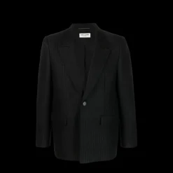 veste SAINT LAURENT à simple boutonnage lin laine soie noir fines rayures