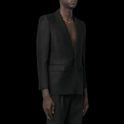 veste SAINT LAURENT à simple boutonnage lin laine soie noir fines rayures