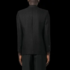 veste SAINT LAURENT à simple boutonnage lin laine soie noir fines rayures