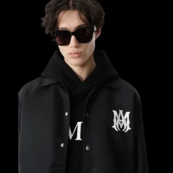 Veste surchemise AMIRI bouton pression nylon noir logo MA Blanc