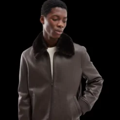 YVES SALOMON Blouson cuir marron intérieur col shearling marron chocolat